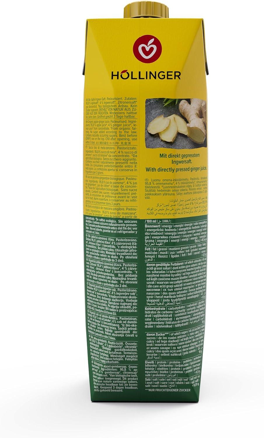 imageHllinger Premium Jus de PommeGingembre Bio Tetra Pack 1000ml Sans Sucre Ajout Press Direct Boisson Vgtalienne