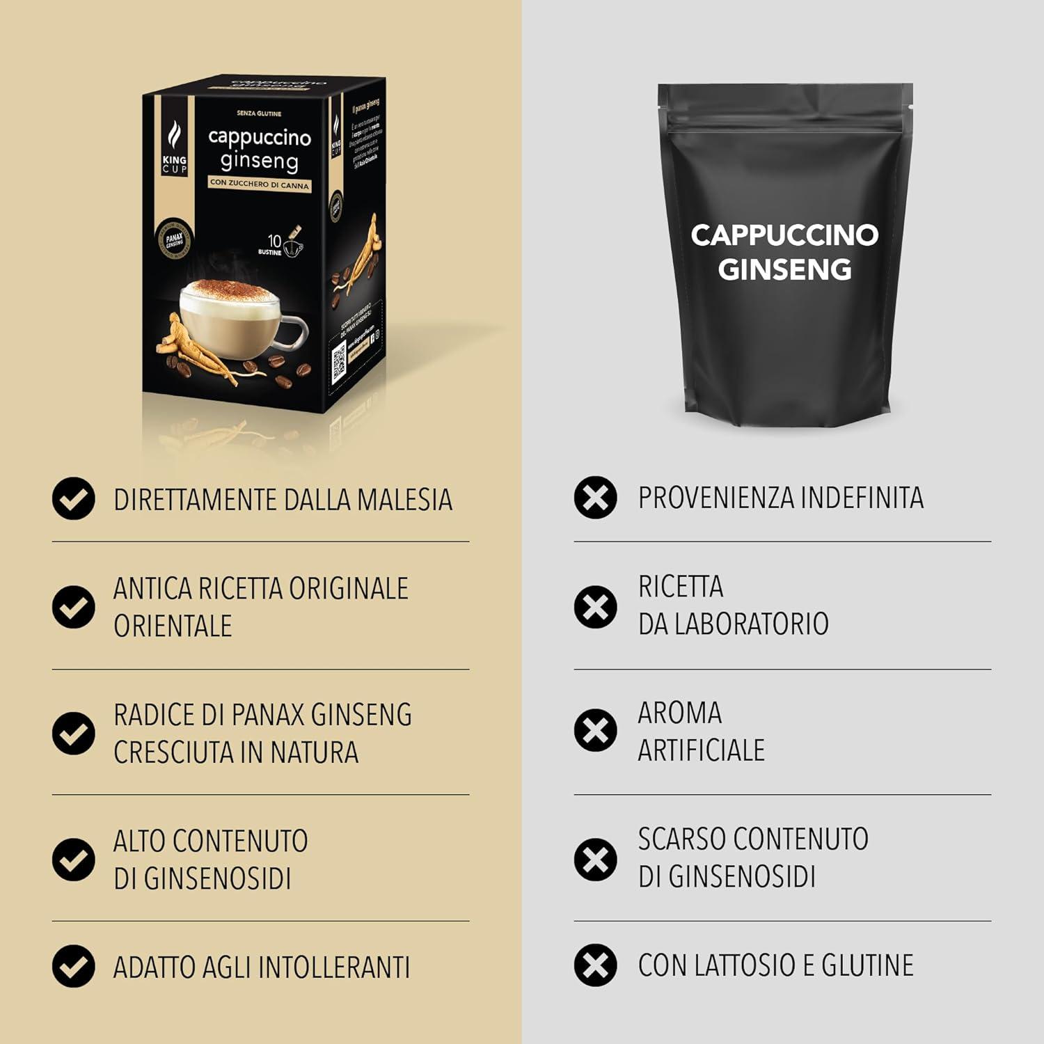 imageKing Cup 1 Paquet de 10 Sachets Solubles de Boisson Gingembre et Citron Sans Sucre 10 Stick de 6 gr Got Gingembre et Citron Ajouter 60 Ml dEau Chaude Sans Gluten Sans LactoseCAPPUCCINO AU GINSENG