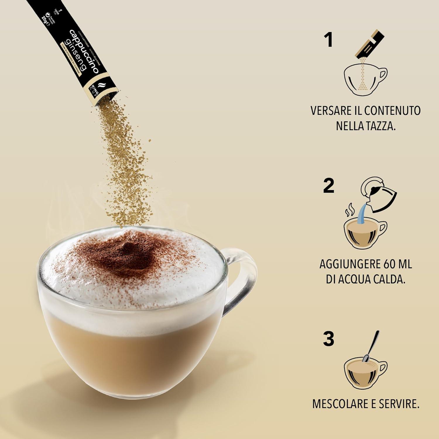 imageKing Cup 1 Paquet de 10 Sachets Solubles de Boisson Gingembre et Citron Sans Sucre 10 Stick de 6 gr Got Gingembre et Citron Ajouter 60 Ml dEau Chaude Sans Gluten Sans LactoseCAPPUCCINO AU GINSENG