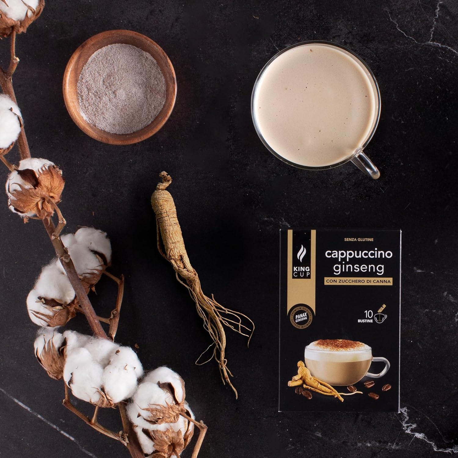 imageKing Cup 1 Paquet de 10 Sachets Solubles de Boisson Gingembre et Citron Sans Sucre 10 Stick de 6 gr Got Gingembre et Citron Ajouter 60 Ml dEau Chaude Sans Gluten Sans LactoseCAPPUCCINO AU GINSENG