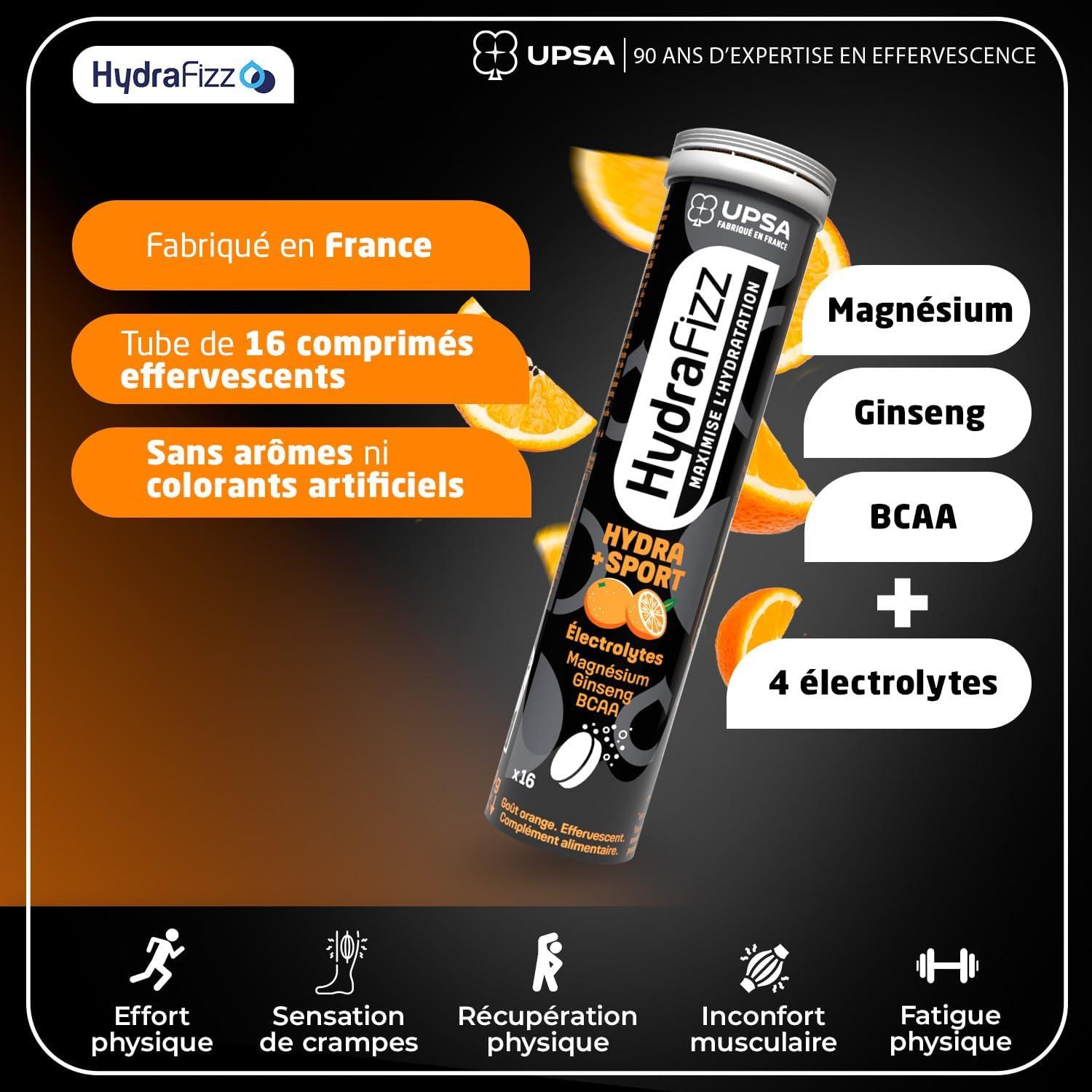 imageUPSA Hydrafizz Sport Complment Alimentaire Sport ampamp Hydratation lectrolytes Glucose Ginseng Vitamine C ampamp BCAA Got Orange Fabriqu en France 16 Comprims Effervescents