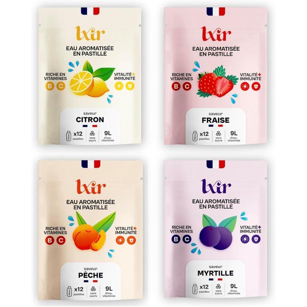 imageLXIR DRINK Eau aromatise en pastille sans sucre Boisson multivitamines Vitamines C et B Hydratation quotidienne Beaut de la peau Vitalit 48 pastilles CitronFraisePecheMyrtilleCitronFraisePecheMyrtille