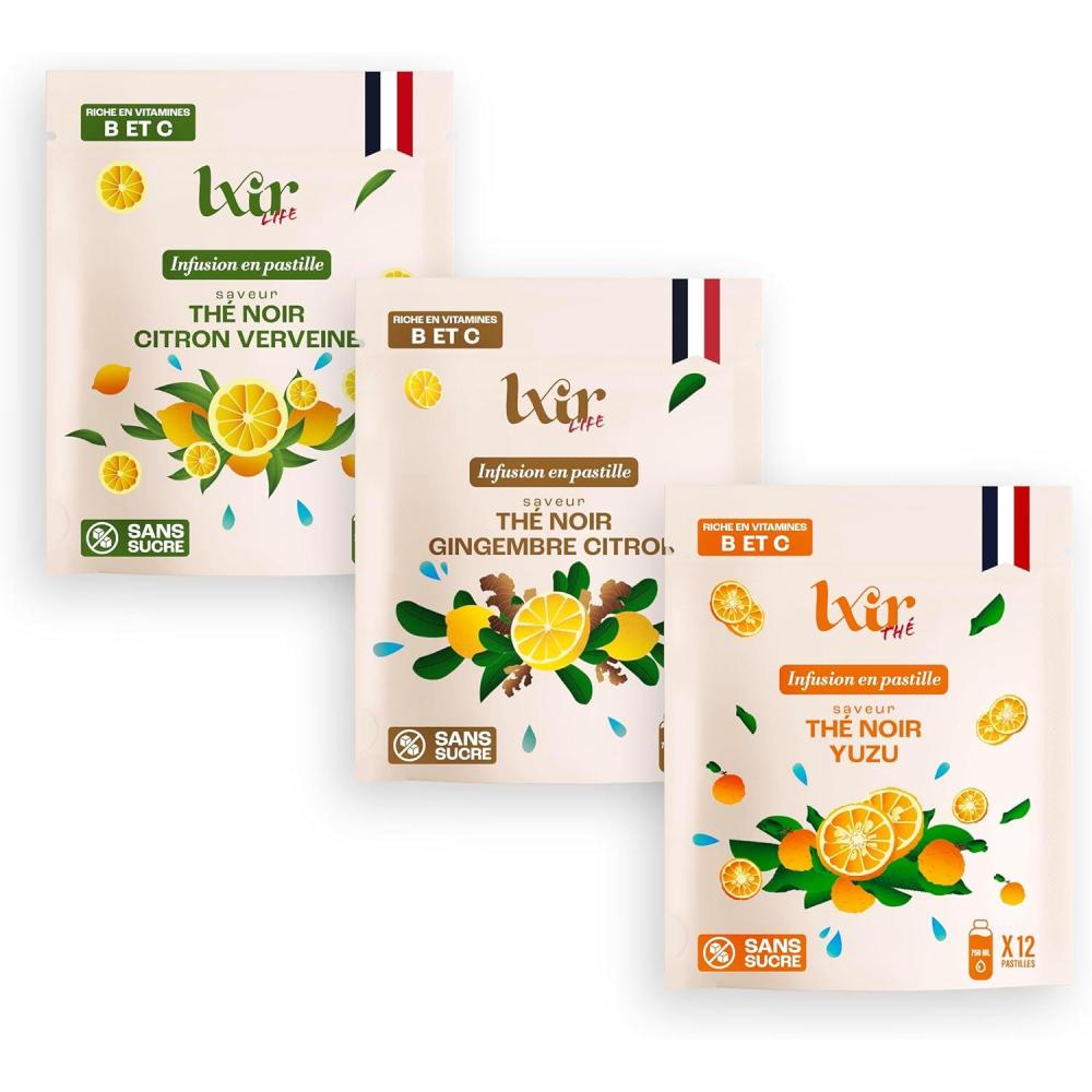 imageLXIR DRINK Infusions Chaudes en pastilles Sans Sucre Boisson multivitamines Riche en vitamines B et en ZINC 6 fois moins de Theine Immunit Stress YuzuVerveineGingembre