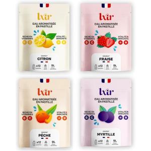 LXIR DRINK – Eau aromatisée en pastille sans sucre – Boisson multivitamines – Vitamines C et B – Hydratation quotidienne – Beauté de la peau – Vitalité – 48 pastilles – Citron/Fraise/Peche/Myrtille(Citron/Fraise/Peche/Myrtille)