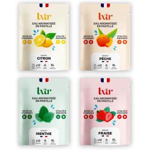 LXIR DRINK – Eau aromatisée en pastille sans sucre – Boisson multivitamines – Vitamines C et B – Hydratation quotidienne – Beauté de la peau – Vitalité – 48 pastilles – Citron/Fraise/Peche/Myrtille(Citron/Peche/Menthe/Fraise)