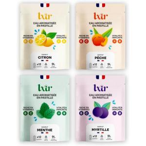 LXIR DRINK – Eau aromatisée en pastille sans sucre – Boisson multivitamines – Vitamines C et B – Hydratation quotidienne – Beauté de la peau – Vitalité – 48 pastilles – Citron/Fraise/Peche/Myrtille(Citron/Peche/Menthe/Myrtile)