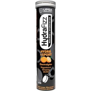 UPSA – Hydrafizz Sport – Complément Alimentaire Sport & Hydratation – Électrolytes, Glucose, Ginseng, Vitamine C & BCAA – Goût Orange – Fabriqué en France – 16 Comprimés Effervescents