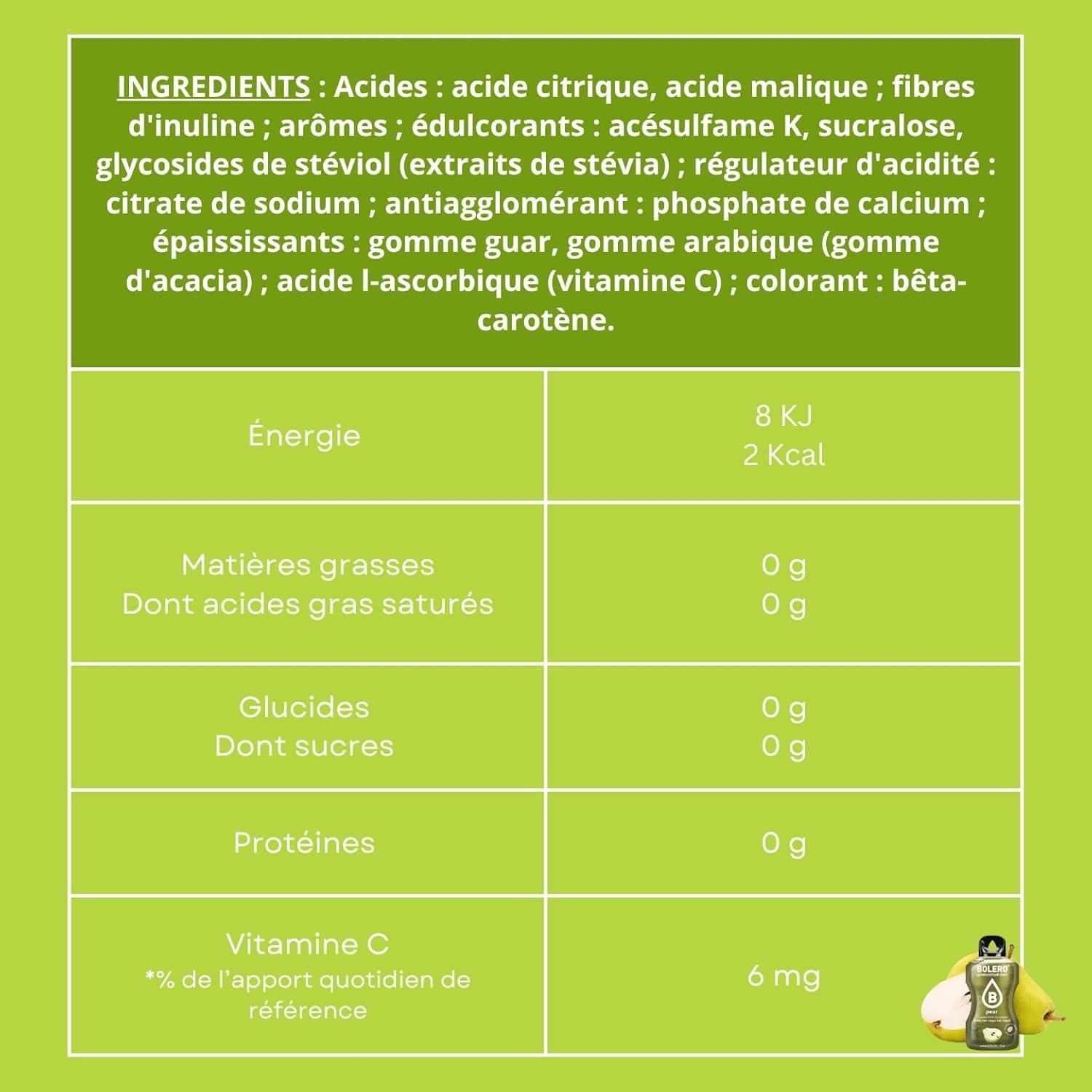 imageBOLERO Menthe 10 sticks 9g de Poudre pour Boisson sans sucre la Stevia Sans Conservateur ni colorants artificiels Faible en calories il convient pour toute la FamillePoire