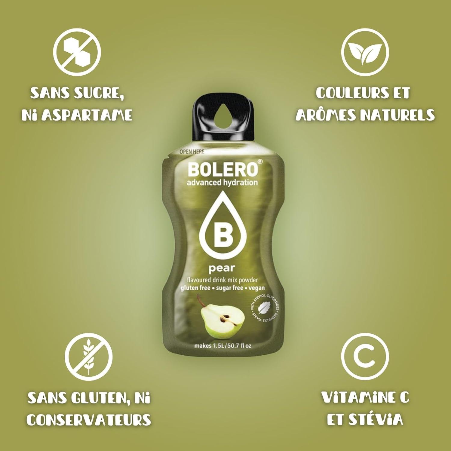 imageBOLERO Menthe 10 sticks 9g de Poudre pour Boisson sans sucre la Stevia Sans Conservateur ni colorants artificiels Faible en calories il convient pour toute la FamillePoire