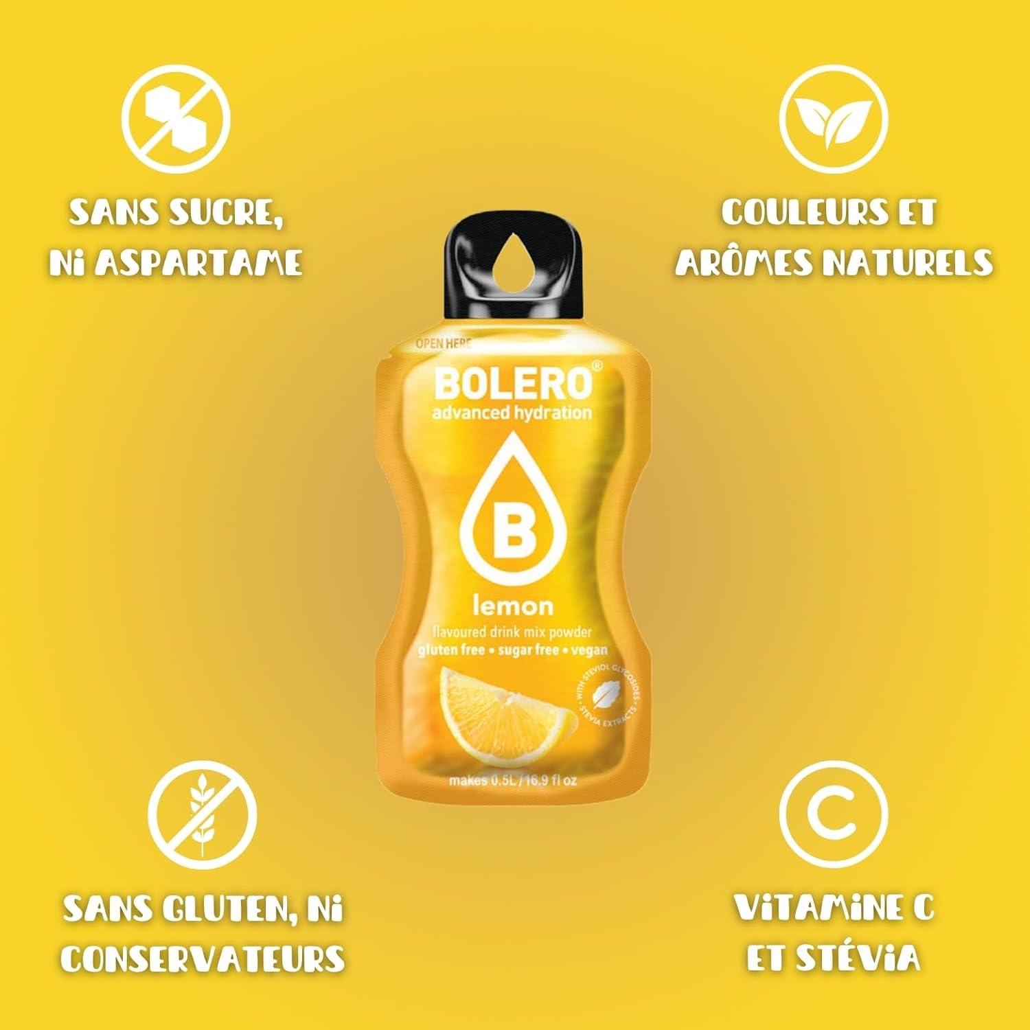 imageBOLERO Menthe 10 sticks 9g de Poudre pour Boisson sans sucre la Stevia Sans Conservateur ni colorants artificiels Faible en calories il convient pour toute la FamilleCitron