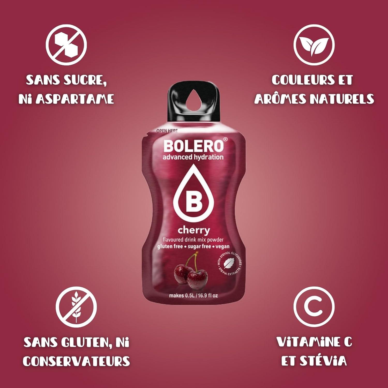 imageBOLERO Menthe 10 sticks 9g de Poudre pour Boisson sans sucre la Stevia Sans Conservateur ni colorants artificiels Faible en calories il convient pour toute la FamilleCerise
