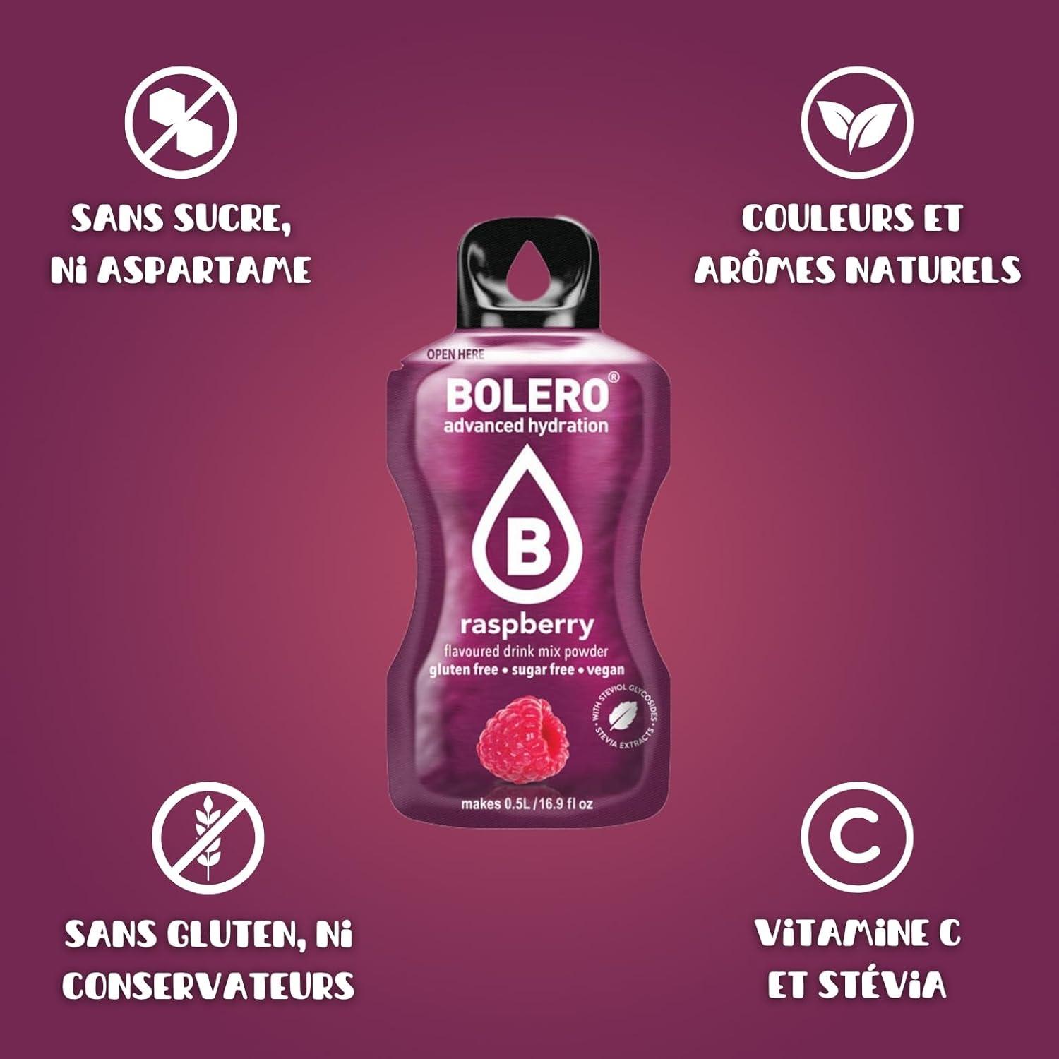 imageBOLERO Menthe 10 sticks 9g de Poudre pour Boisson sans sucre la Stevia Sans Conservateur ni colorants artificiels Faible en calories il convient pour toute la FamilleFramboise