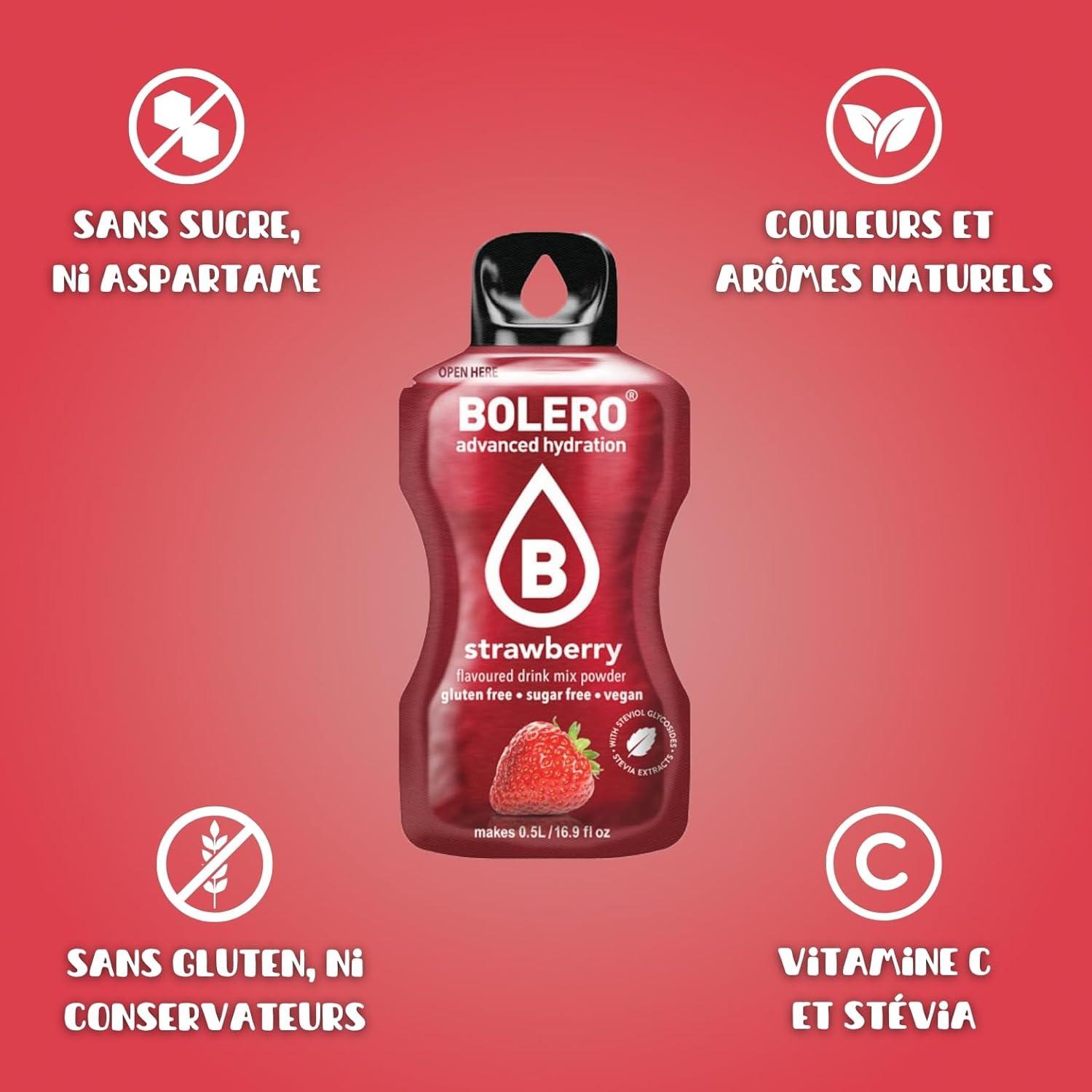imageBOLERO Menthe 10 sticks 9g de Poudre pour Boisson sans sucre la Stevia Sans Conservateur ni colorants artificiels Faible en calories il convient pour toute la FamilleFraise
