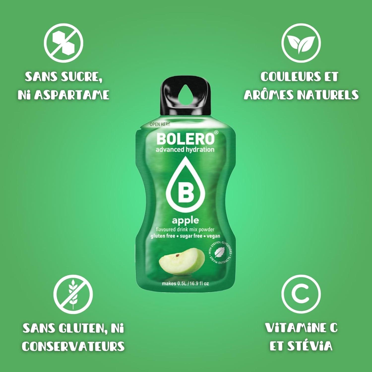 imageBOLERO Menthe 10 sticks 9g de Poudre pour Boisson sans sucre la Stevia Sans Conservateur ni colorants artificiels Faible en calories il convient pour toute la FamillePomme