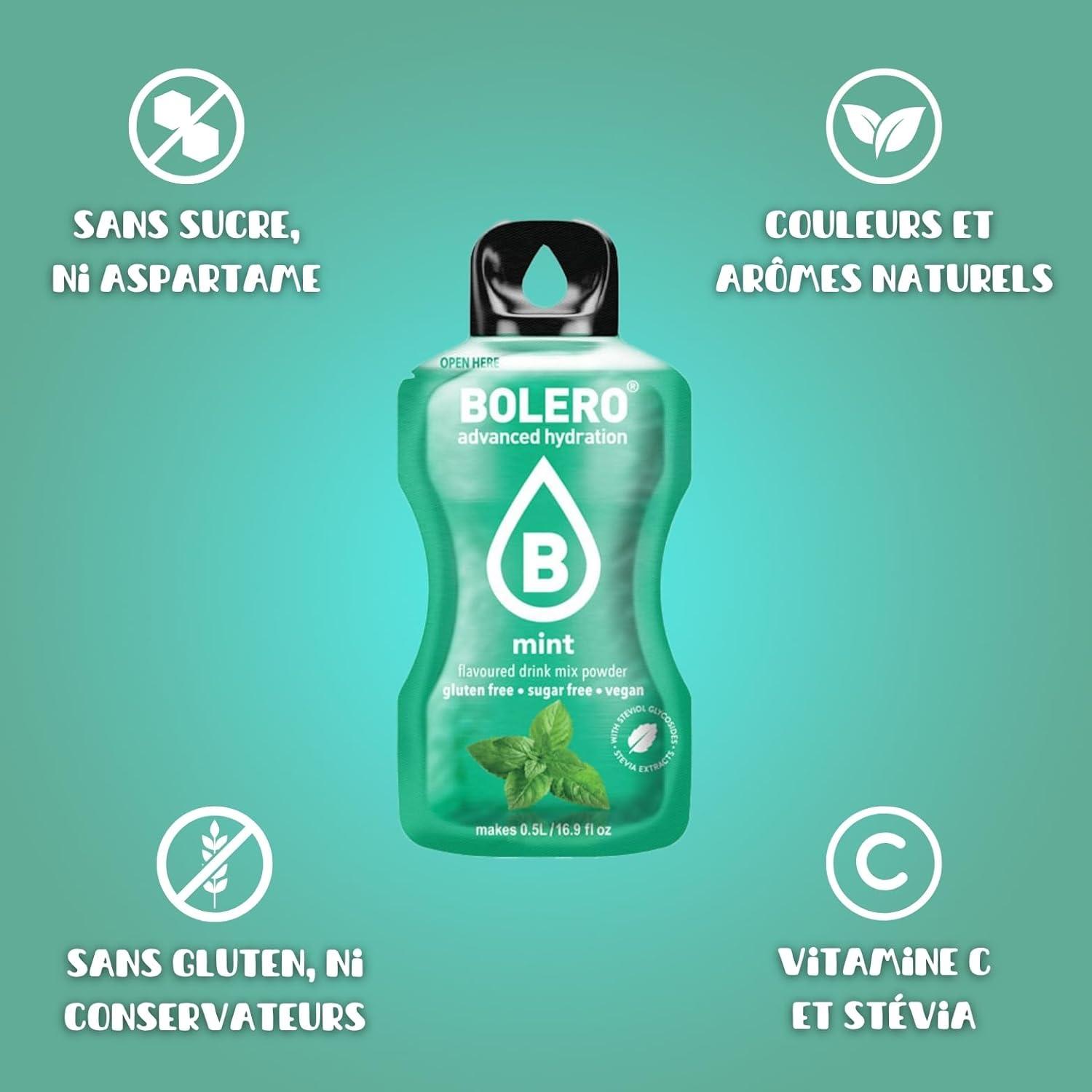 imageBOLERO Menthe 10 sticks 9g de Poudre pour Boisson sans sucre la Stevia Sans Conservateur ni colorants artificiels Faible en calories il convient pour toute la FamilleMenthe