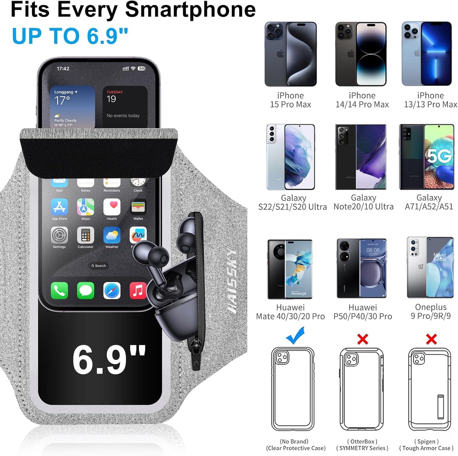 imageBrassard de Sport avec Airpods cl de Voiture Poche ZippeBrassard de tlphone rsistant leau pour iPhone 16151414 Pro Max13 Pro12 Pro MaxXRXS Smartphone Running Brassard 69quot pour JoggingGrisJusqu 6 9