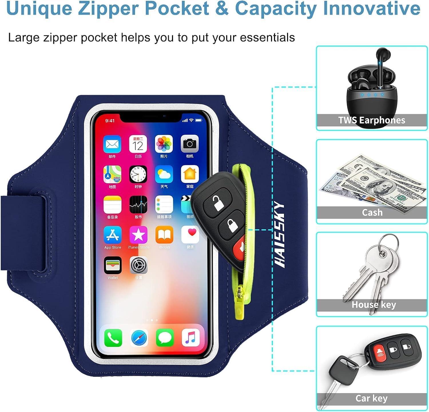 imageBrassard de Sport avec Airpods cl de Voiture Poche ZippeBrassard de tlphone rsistant leau pour iPhone 16151414 Pro Max13 Pro12 Pro MaxXRXS Smartphone Running Brassard 69quot pour JoggingMarineJusqu 6 9