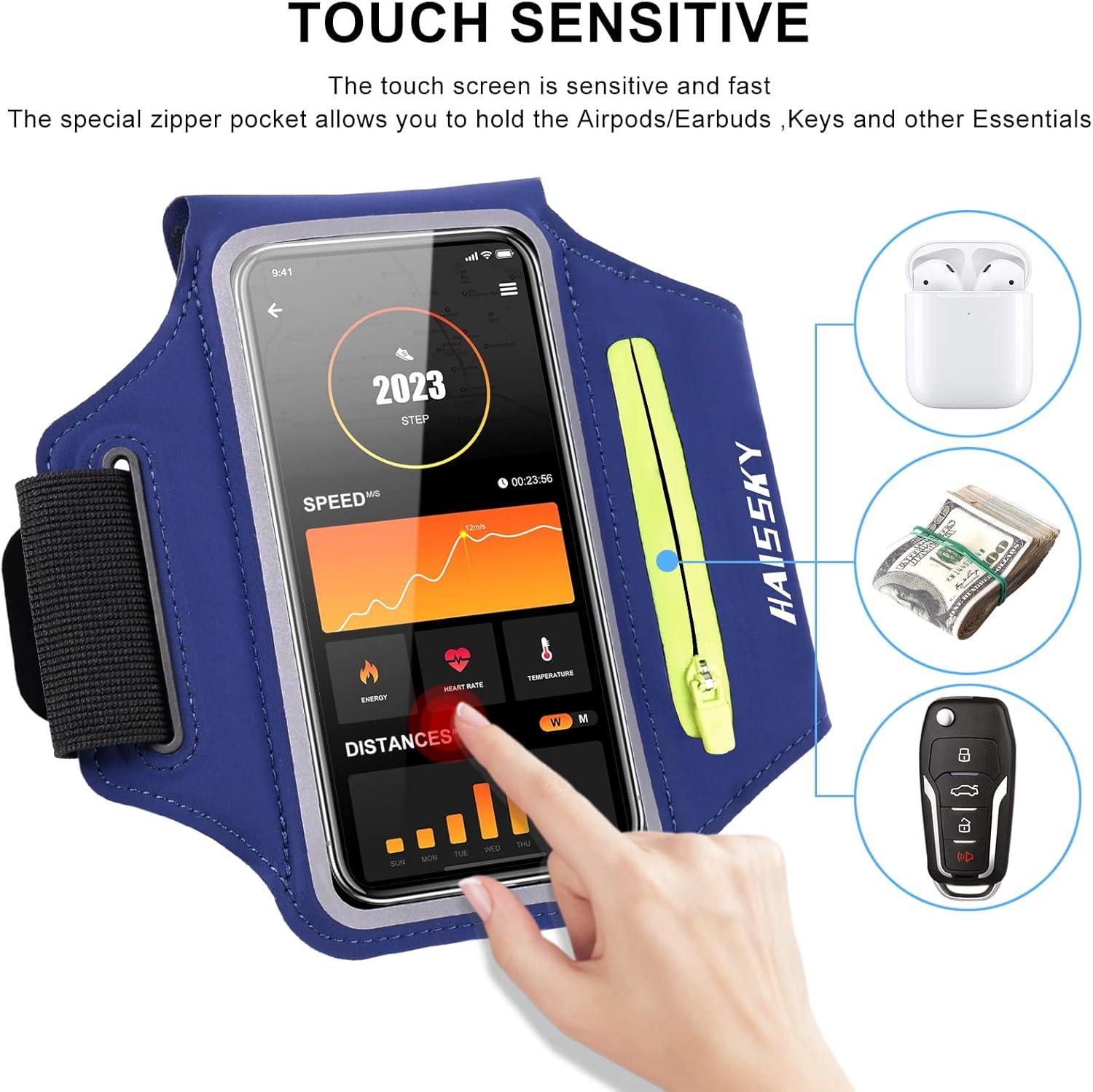 imageBrassard de Sport avec Airpods cl de Voiture Poche ZippeBrassard de tlphone rsistant leau pour iPhone 16151414 Pro Max13 Pro12 Pro MaxXRXS Smartphone Running Brassard 69quot pour JoggingMarineJusqu 6 5