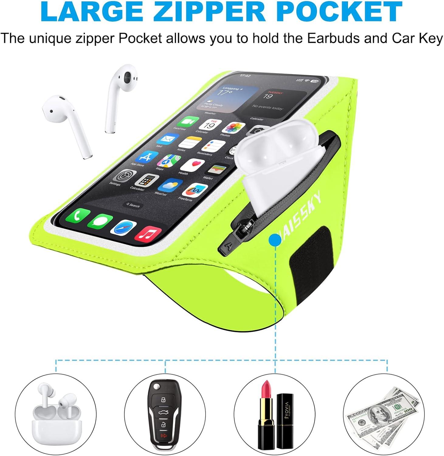imageBrassard de Sport avec Airpods cl de Voiture Poche ZippeBrassard de tlphone rsistant leau pour iPhone 16151414 Pro Max13 Pro12 Pro MaxXRXS Smartphone Running Brassard 69quot pour JoggingVertJusqu 6 9