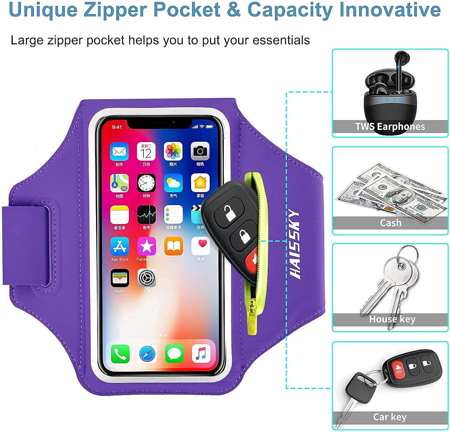 imageBrassard de Sport avec Airpods cl de Voiture Poche ZippeBrassard de tlphone rsistant leau pour iPhone 16151414 Pro Max13 Pro12 Pro MaxXRXS Smartphone Running Brassard 69quot pour JoggingVioletJusqu 6 9