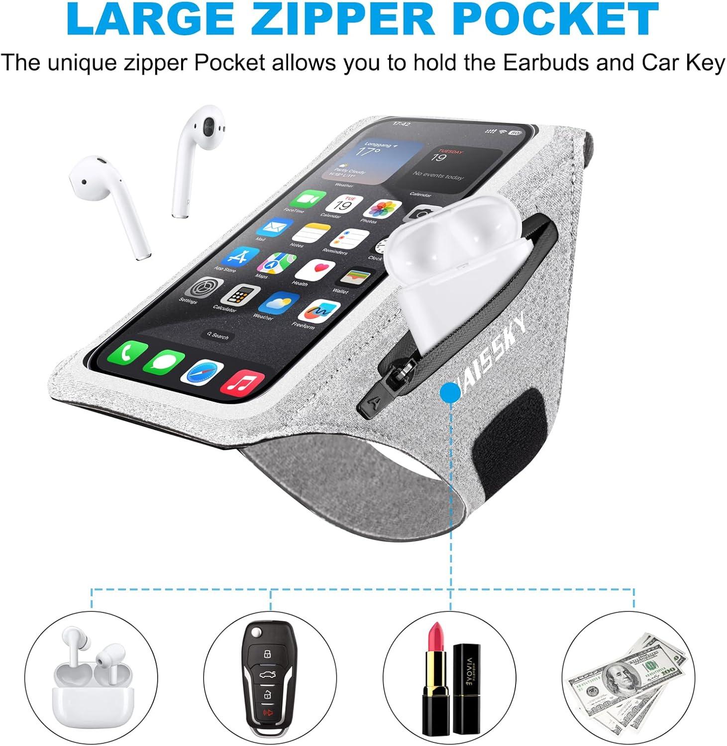 imageBrassard de Sport avec Airpods cl de Voiture Poche ZippeBrassard de tlphone rsistant leau pour iPhone 16151414 Pro Max13 Pro12 Pro MaxXRXS Smartphone Running Brassard 69quot pour JoggingGrisJusqu 6 9