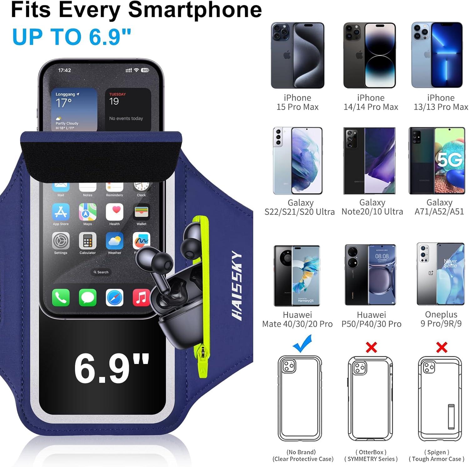 imageBrassard de Sport avec Airpods cl de Voiture Poche ZippeBrassard de tlphone rsistant leau pour iPhone 16151414 Pro Max13 Pro12 Pro MaxXRXS Smartphone Running Brassard 69quot pour JoggingMarineJusqu 6 9
