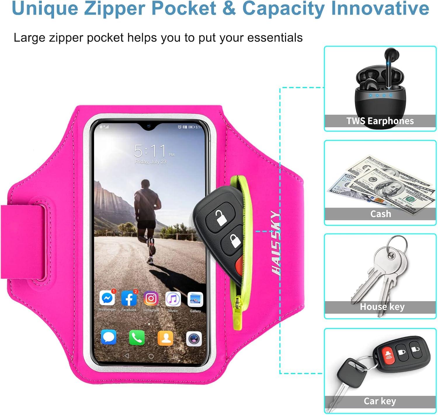 imageBrassard de Sport avec Airpods cl de Voiture Poche ZippeBrassard de tlphone rsistant leau pour iPhone 16151414 Pro Max13 Pro12 Pro MaxXRXS Smartphone Running Brassard 69quot pour JoggingRoseJusqu 6 9