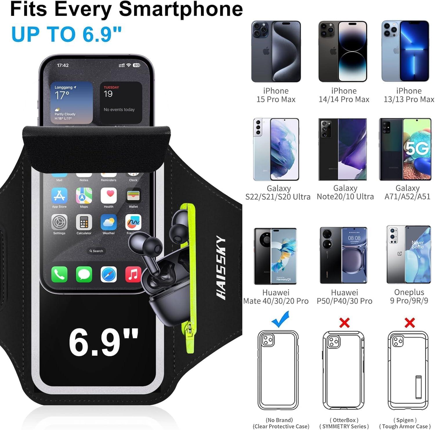 imageBrassard de Sport avec Airpods cl de Voiture Poche ZippeBrassard de tlphone rsistant leau pour iPhone 16151414 Pro Max13 Pro12 Pro MaxXRXS Smartphone Running Brassard 69quot pour JoggingNoirJusqu 6 9