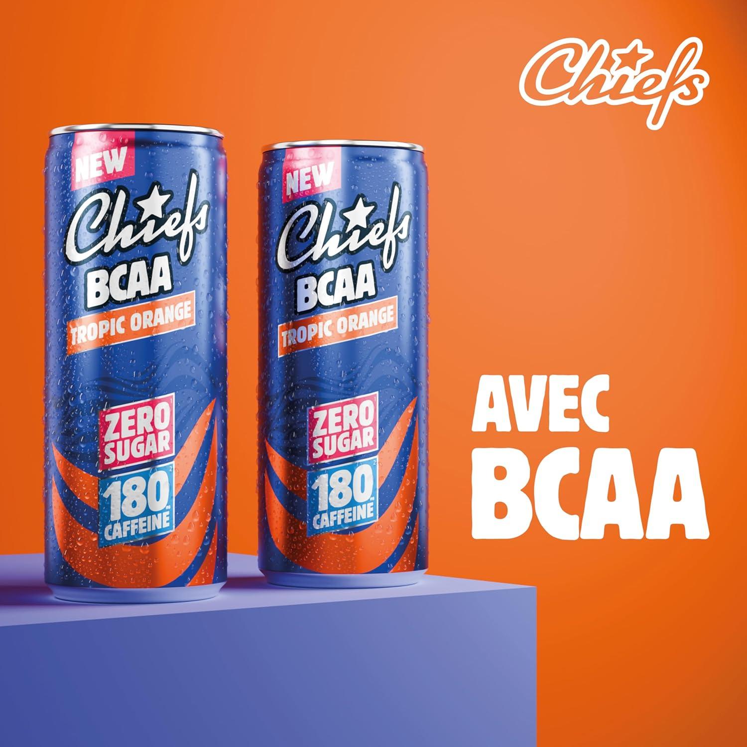 imageCHIEFS Boisson nergisante got Orange Tropicale 180 mg de cafine 24x330ml boissons nergtiques Sans Sucre et avec BCAA Tropic OrangeTropic Orange