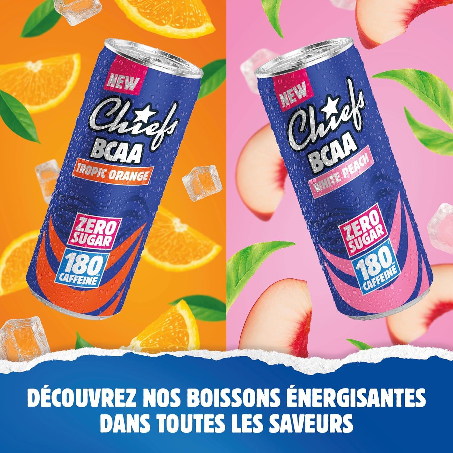 imageCHIEFS Boisson nergisante got Orange Tropicale 180 mg de cafine 24x330ml boissons nergtiques Sans Sucre et avec BCAA Tropic OrangeTropic Orange