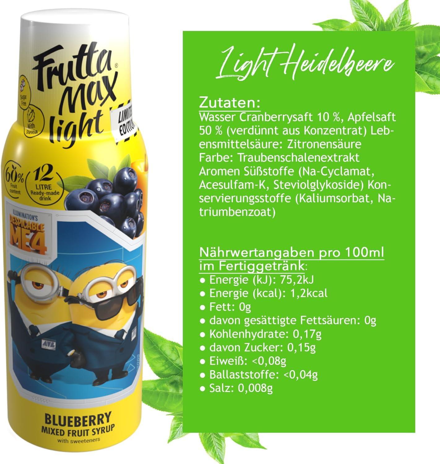 imageFruttaMax Sirop dAbricot Sans Sucre 60 de Fruit Rel Sirop Faible Teneur en Calories pour Sodas Cocktails ampamp Desserts 500mlMyrtille Light MINIONS