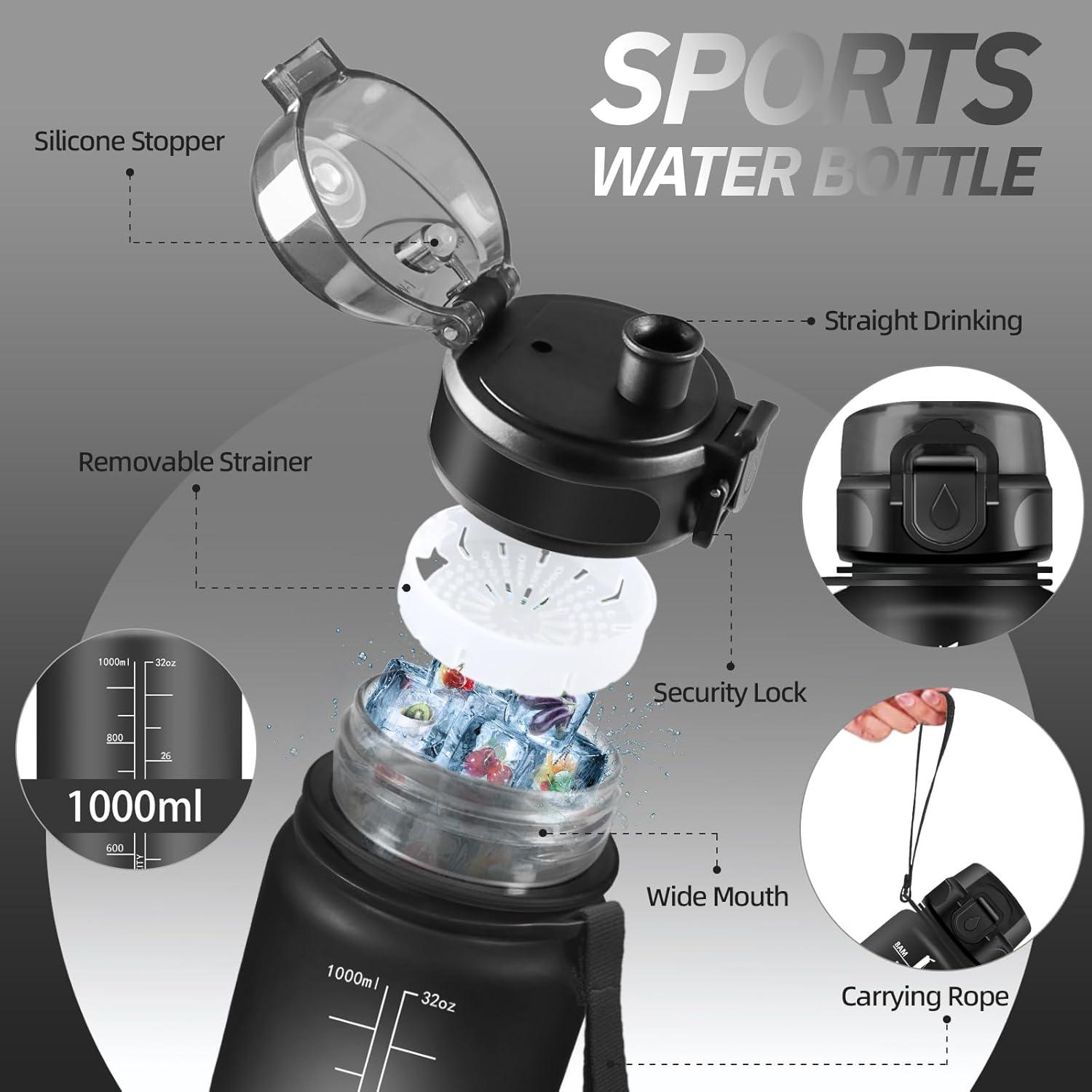 imageGourde Motivation 15l Gourde Sport avec Filtre Bouteille deau anti Fuite Bouteille avec Slogan de Motivation Facile Nettoyer Bouteille deau pour Running RandonneNoir