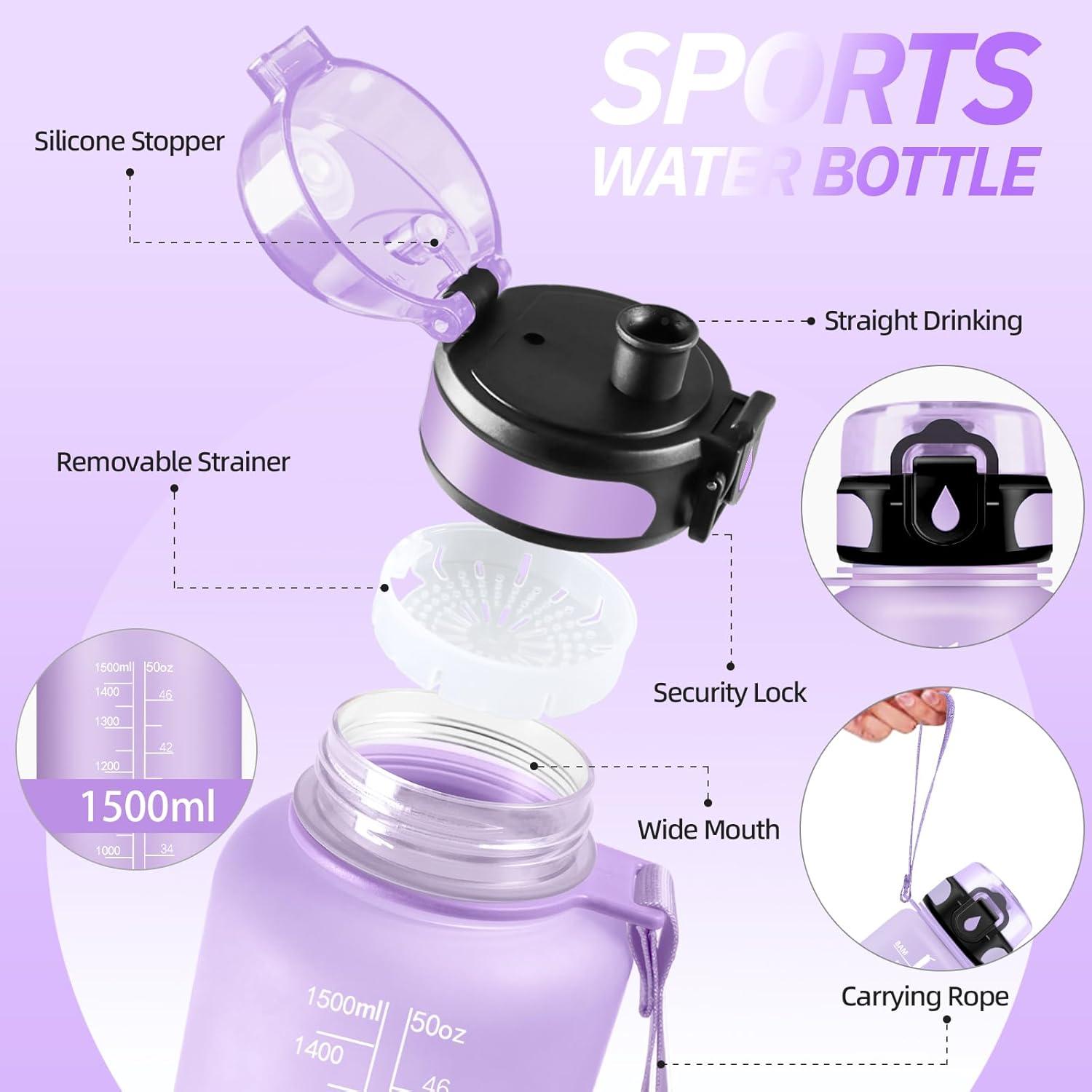 imageGourde Motivation 15l Gourde Sport avec Filtre Bouteille deau anti Fuite Bouteille avec Slogan de Motivation Facile Nettoyer Bouteille deau pour Running RandonneViolet Clair
