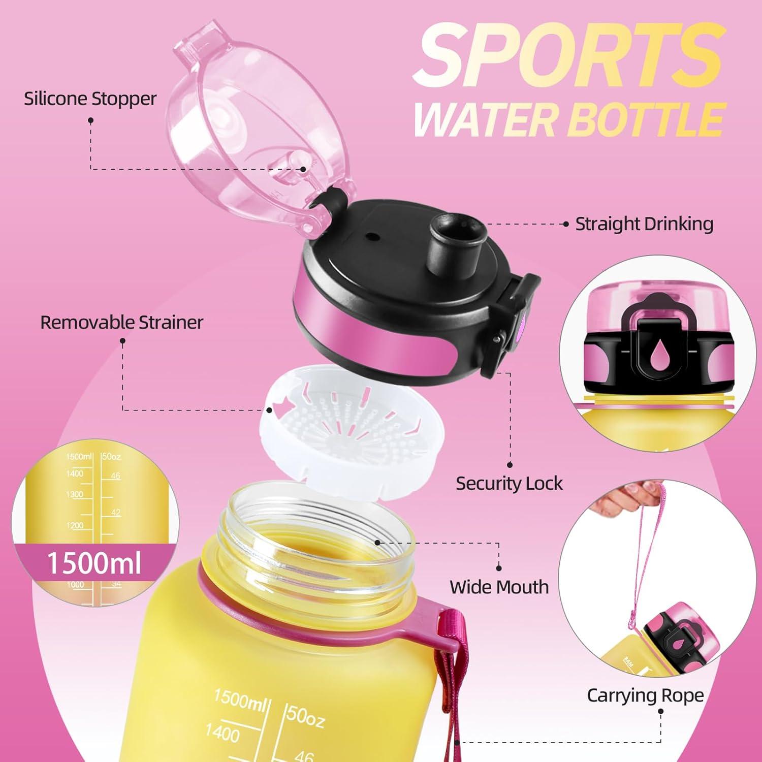 imageGourde Motivation 15l Gourde Sport avec Filtre Bouteille deau anti Fuite Bouteille avec Slogan de Motivation Facile Nettoyer Bouteille deau pour Running RandonneJaunerose