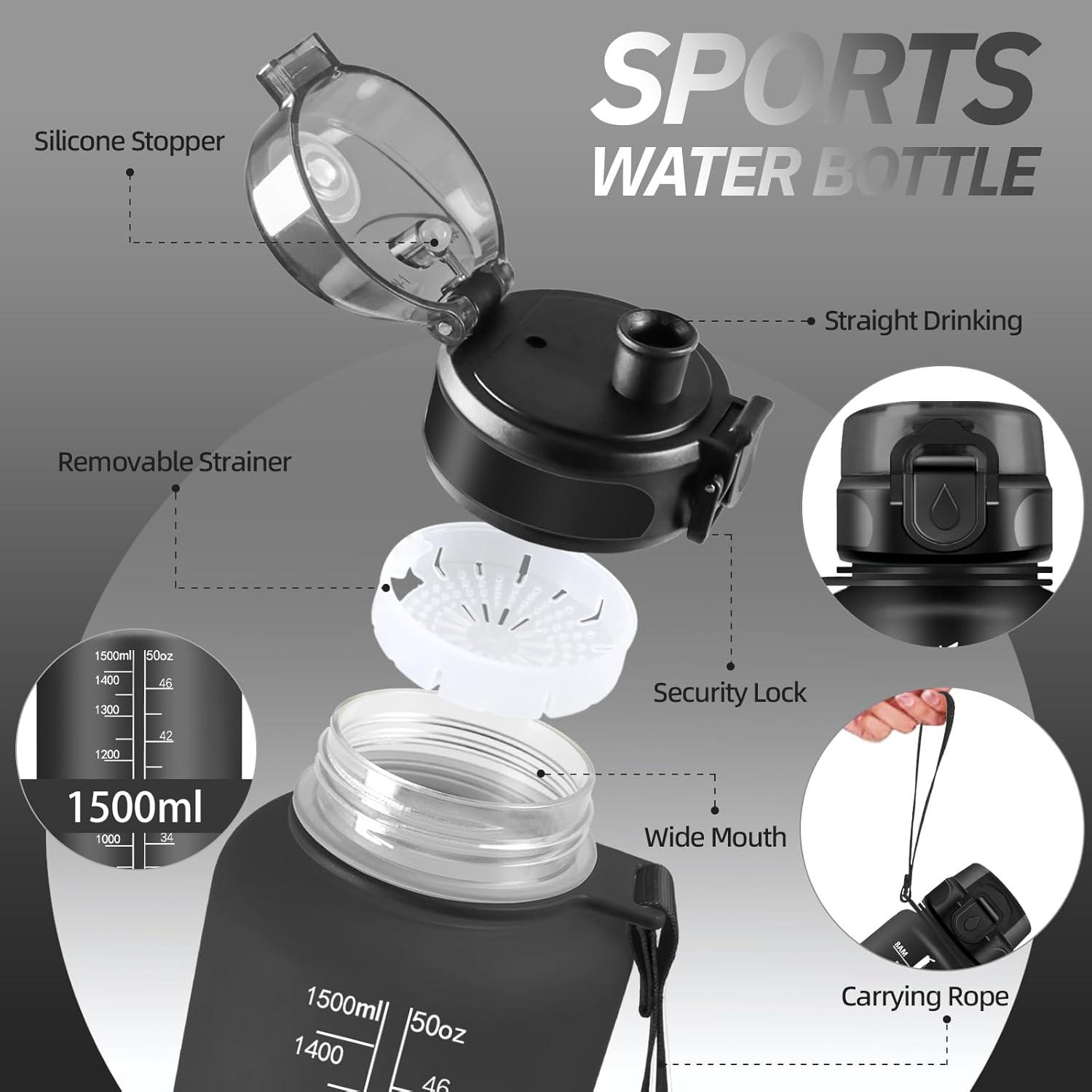 imageGourde Motivation 15l Gourde Sport avec Filtre Bouteille deau anti Fuite Bouteille avec Slogan de Motivation Facile Nettoyer Bouteille deau pour Running RandonneNoir