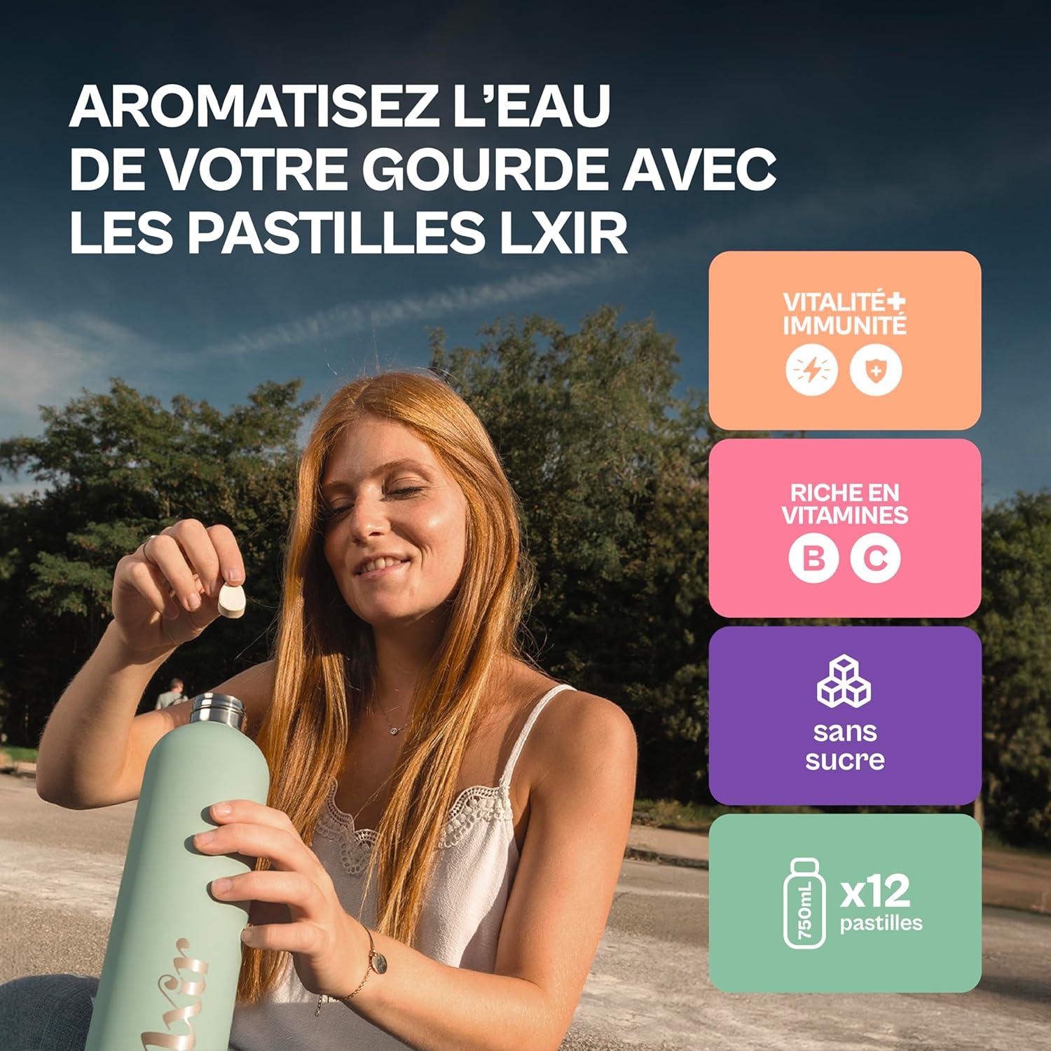 imageLXIR DRINK Eau aromatise en pastille sans sucre Boisson multivitamines Riche en vitamines C et B Hydratation quotidienne Beaut de la peau Vitalit 60 units 5 saveurs 1 gourde ROSEGourde Bleu