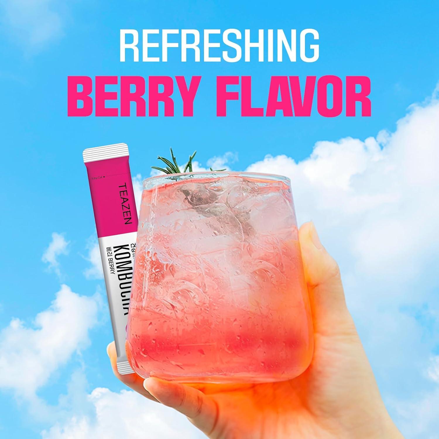 imageTEAZEN Kombucha Berry Boisson instantane au th probiotique 10 sachets Sans sucre Vgan Faible en calories Prparation pour boisson Corenne avec prbiotiquesBerry