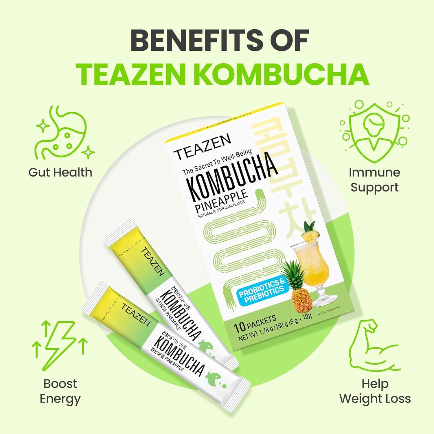 imageTEAZEN Kombucha Berry Boisson instantane au th probiotique 10 sachets Sans sucre Vgan Faible en calories Prparation pour boisson Corenne avec prbiotiquesAnanas