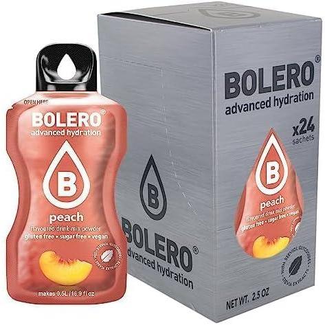 imageBolero PEACH 24x3g Jus en poudre sans sucre dulcor la stvia vitamine C pour enfants et sportifs sans gluten vgtalien saveur de pche