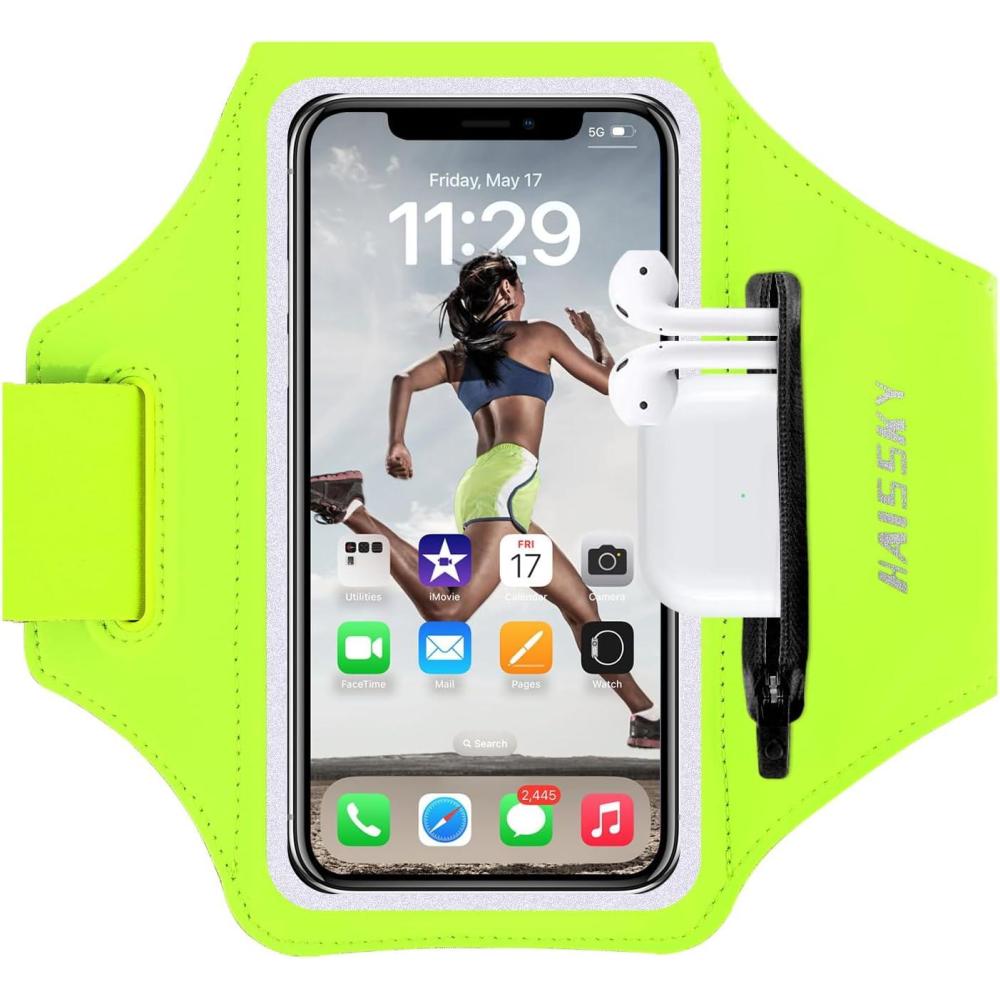 imageBrassard de Sport avec Airpods cl de Voiture Poche ZippeBrassard de tlphone rsistant leau pour iPhone 16151414 Pro Max13 Pro12 Pro MaxXRXS Smartphone Running Brassard 69quot pour JoggingVertJusqu 6 9