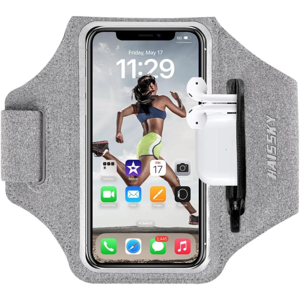 imageBrassard de Sport avec Airpods cl de Voiture Poche ZippeBrassard de tlphone rsistant leau pour iPhone 16151414 Pro Max13 Pro12 Pro MaxXRXS Smartphone Running Brassard 69quot pour JoggingGrisJusqu 6 9