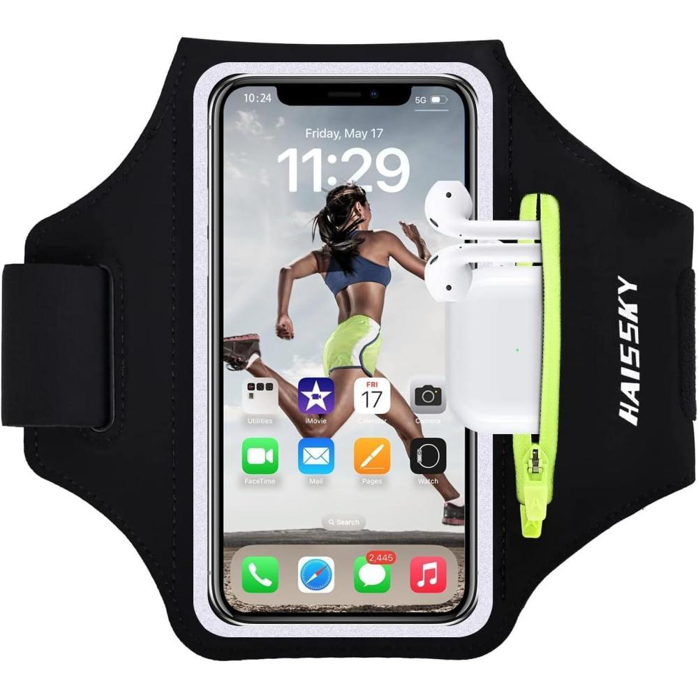 imageBrassard de Sport avec Airpods cl de Voiture Poche ZippeBrassard de tlphone rsistant leau pour iPhone 16151414 Pro Max13 Pro12 Pro MaxXRXS Smartphone Running Brassard 69quot pour JoggingNoirJusqu 6 9