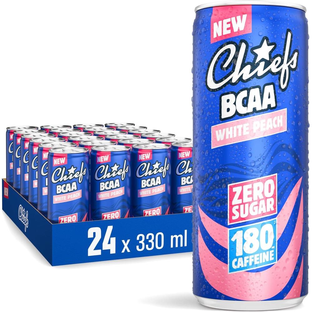 imageCHIEFS Boisson nergisante got Orange Tropicale 180 mg de cafine 24x330ml boissons nergtiques Sans Sucre et avec BCAA Tropic OrangePche
