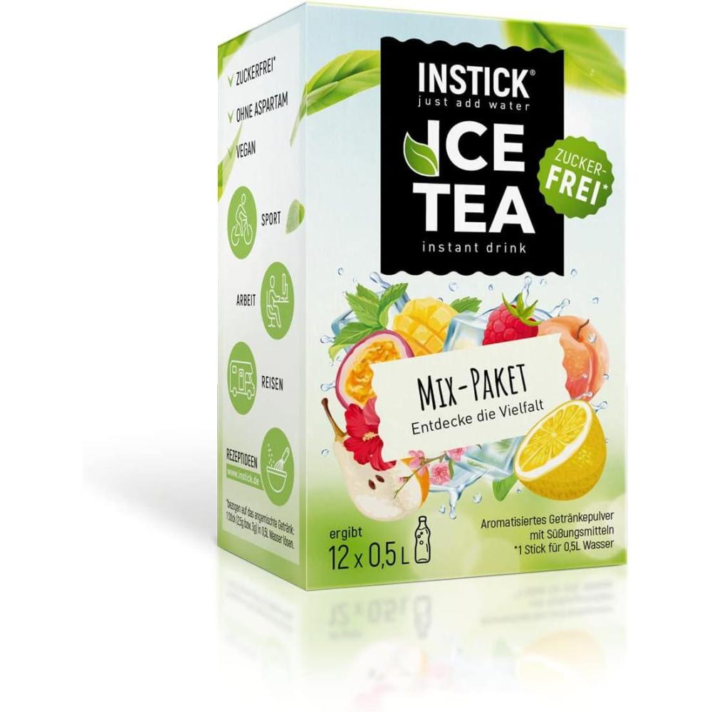 imageINSTICK Boisson instantane sans sucre Mlange de th glac Varits de th vert et dextrait de th noir 1 paquet de 12 sachets pour 12x05L boisson en poudre vgtalienne