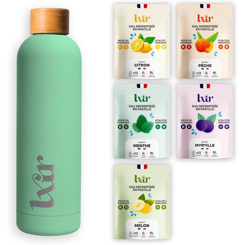 imageLXIR DRINK  Eau aromatise en pastille sans sucre  Boisson multivitamines  Riche en vitamines C et B  Hydratation quotidienne  Beaut de la peau  Vitalit  60 units  5 saveurs  1 gourde ROSEGourde Vert