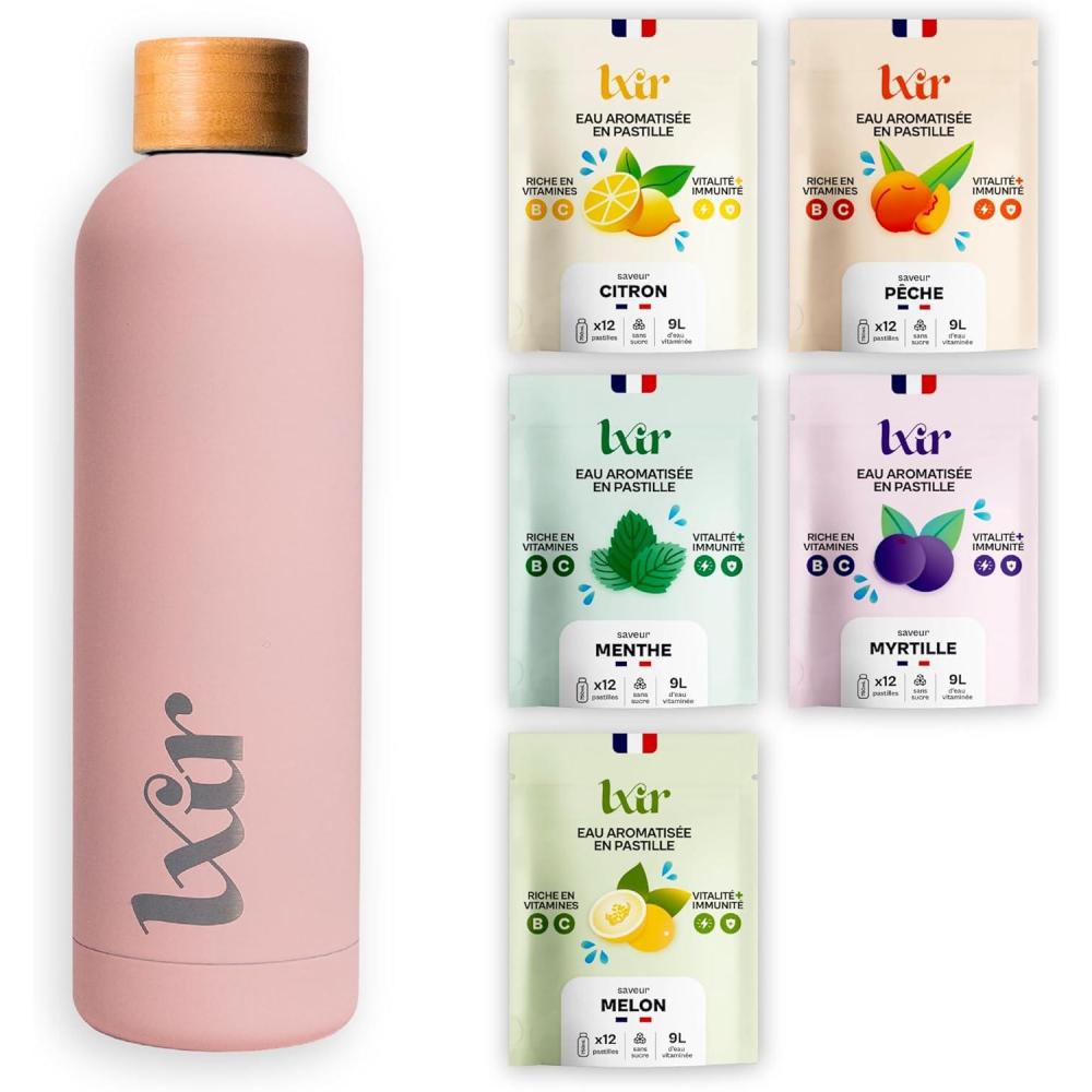 imageLXIR DRINK Eau aromatise en pastille sans sucre Boisson multivitamines Riche en vitamines C et B Hydratation quotidienne Beaut de la peau Vitalit 60 units 5 saveurs 1 gourde ROSEGourde Rose