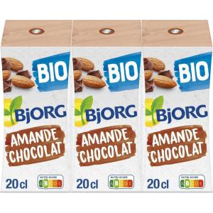 BJORG – Lait d&rsquo;Amande sans Sucres – Boisson Végétale Bio – Pauvre en Acide Gras Saturés – 3 x 25 cl(Amande Chocolat)