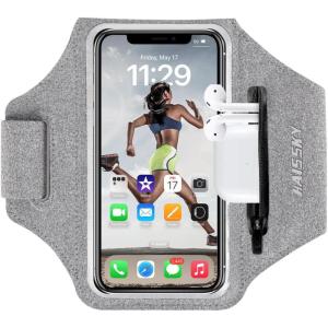 Brassard de Sport avec Airpods clé de Voiture Poche Zippée,Brassard de téléphone résistant à l&rsquo;eau pour iPhone 16/15/14/14 Pro Max/13 Pro/12 Pro Max/XR/XS Smartphone Running Brassard 6.9&Prime; pour Jogging(Gris（Jusqu&rsquo;à 6 9 « ）)