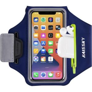Brassard de Sport avec Airpods clé de Voiture Poche Zippée,Brassard de téléphone résistant à l&rsquo;eau pour iPhone 16/15/14/14 Pro Max/13 Pro/12 Pro Max/XR/XS Smartphone Running Brassard 6.9&Prime; pour Jogging(Marine（Jusqu&rsquo;à 6 5 « ）)