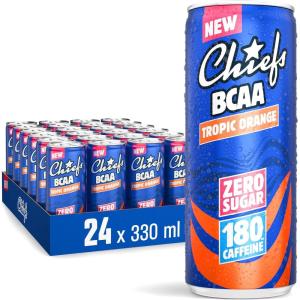 CHIEFS Boisson énergisante goût Orange Tropicale, 180 mg de caféine, 24x330ml boissons énergétiques, Sans Sucre et avec BCAA (Tropic Orange)(Tropic Orange)